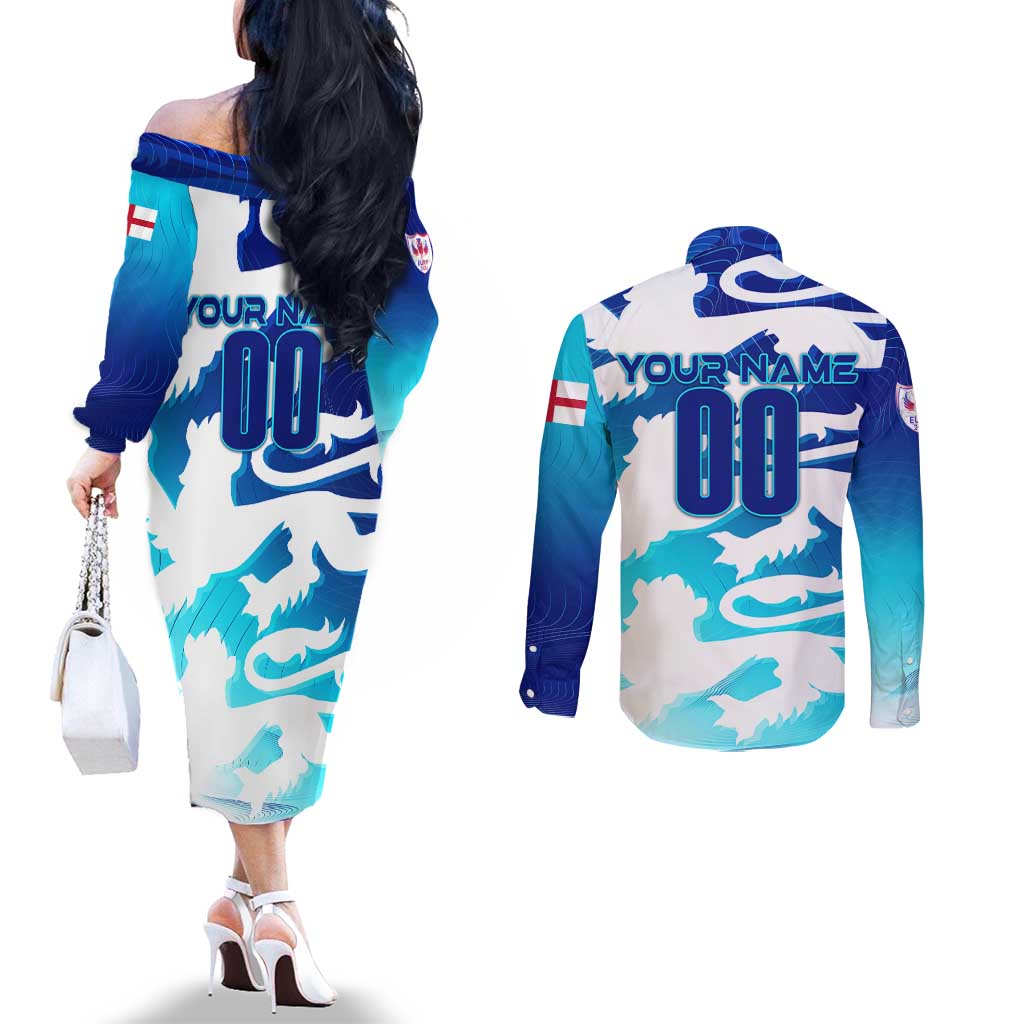 Personalized England Football 2024 Couples Matching Off The Shoulder Long Sleeve Dress and Long Sleeve Button Shirt Trophy Wing Style