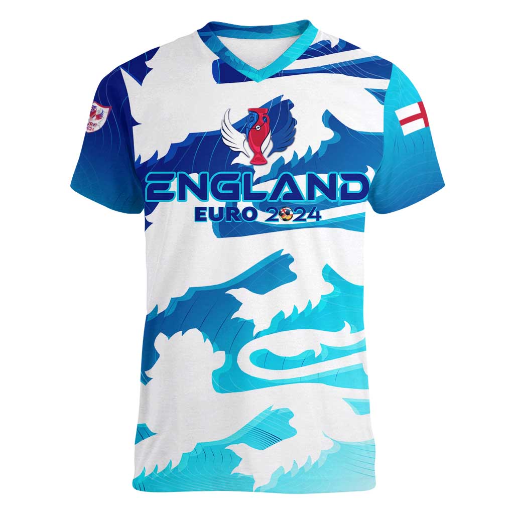 Personalized England Football 2024 Women V-Neck T-Shirt Trophy Wing Style - Wonder Print Shop