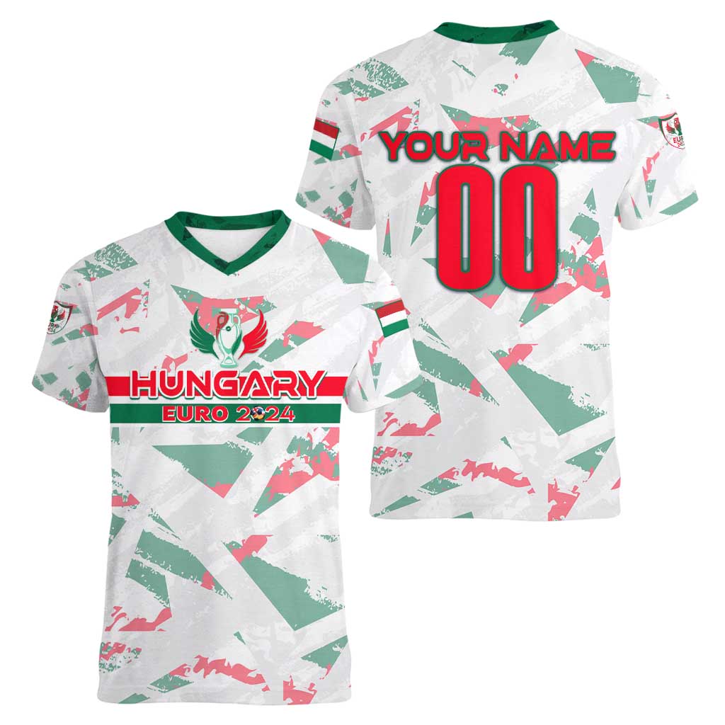 Personalized Hungary Football 2024 Women V-Neck T-Shirt Trophy Wing Style - Wonder Print Shop