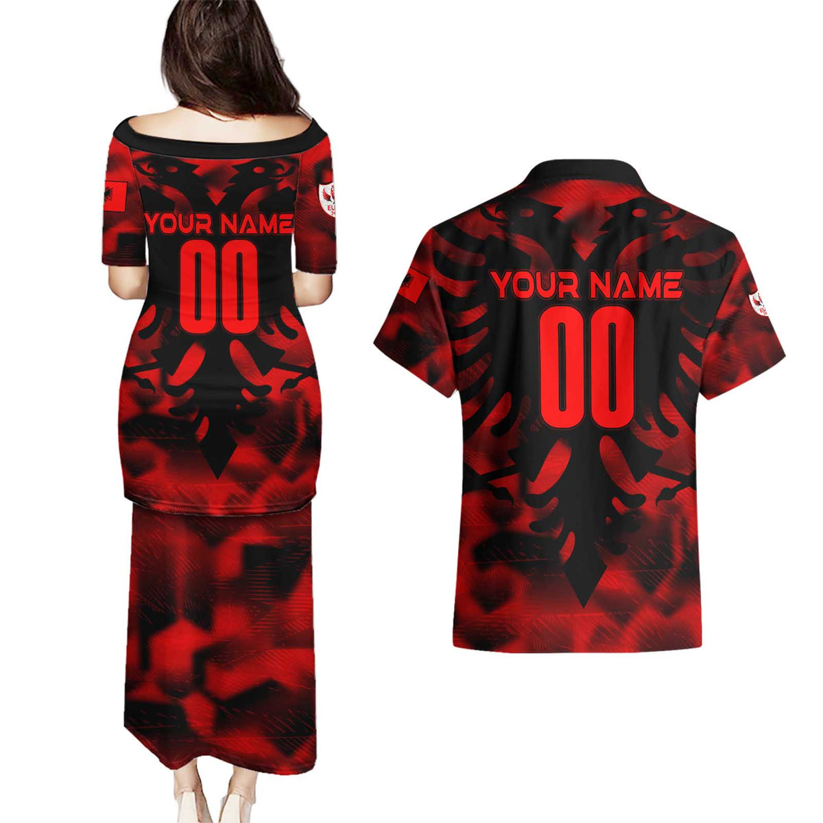 Personalized Albania Football 2024 Couples Matching Puletasi and Hawaiian Shirt Trophy Wing Style - Wonder Print Shop