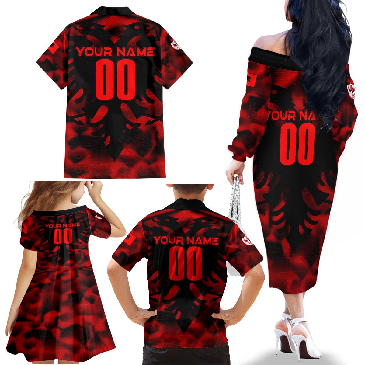 Personalized Albania Football 2024 Family Matching Off The Shoulder Long Sleeve Dress and Hawaiian Shirt Trophy Wing Style - Wonder Print Shop