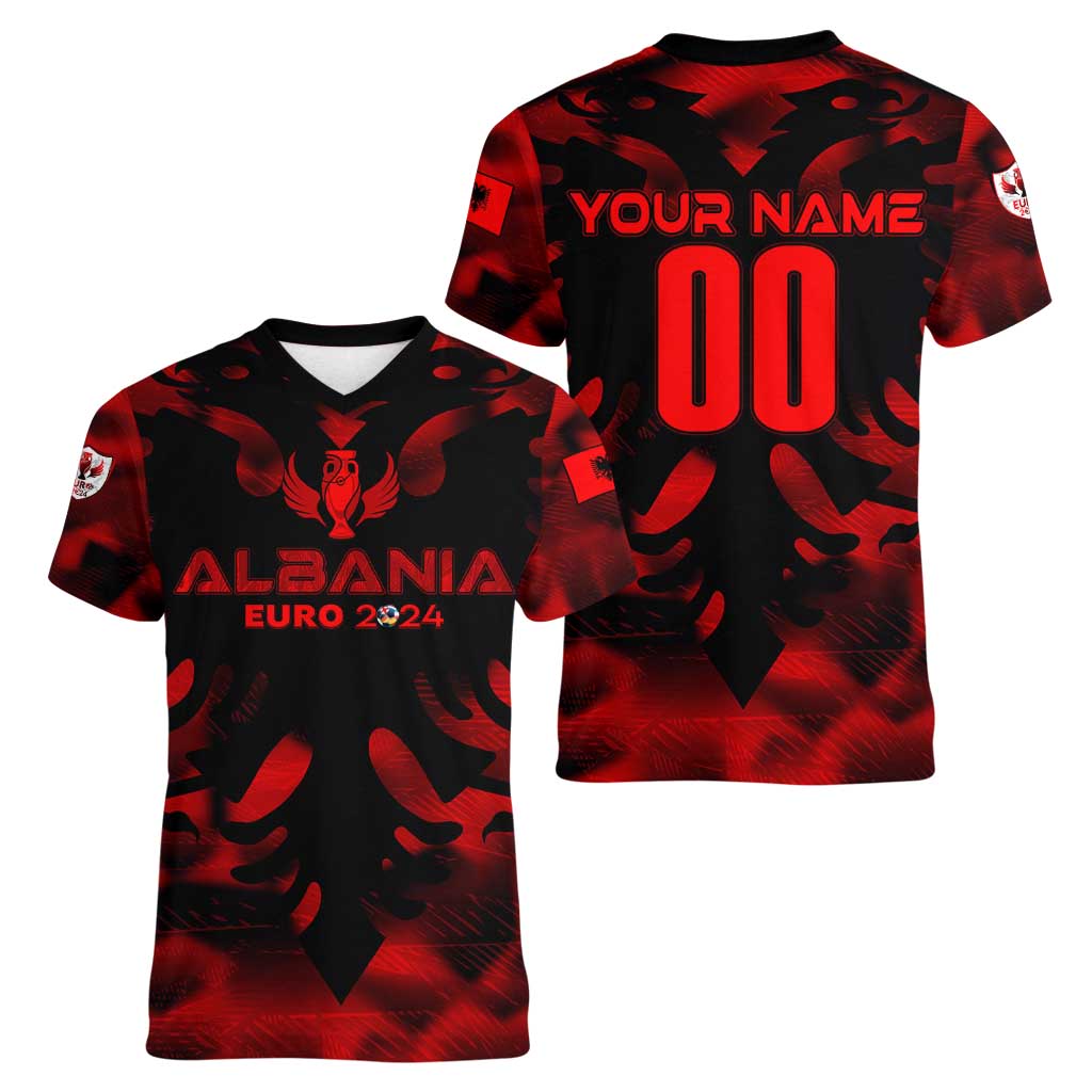 Personalized Albania Football 2024 Women V-Neck T-Shirt Trophy Wing Style - Wonder Print Shop