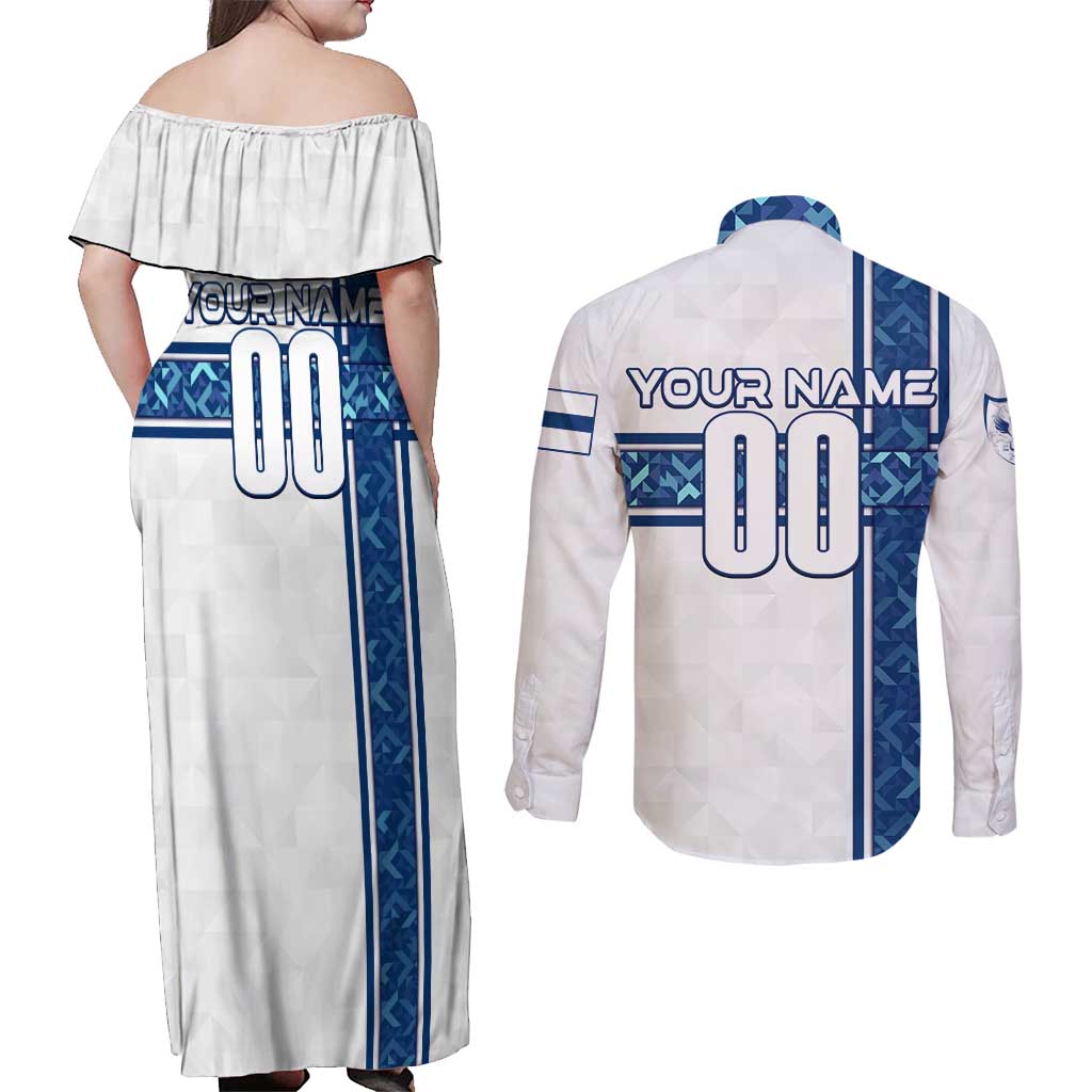 Personalized Finland Football 2024 Couples Matching Off Shoulder Maxi Dress and Long Sleeve Button Shirt Trophy Wing Style - Wonder Print Shop