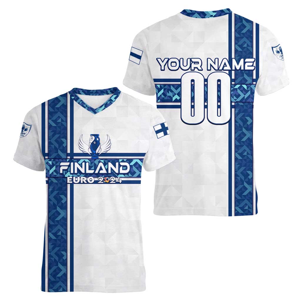 Personalized Finland Football 2024 Women V-Neck T-Shirt Trophy Wing Style - Wonder Print Shop