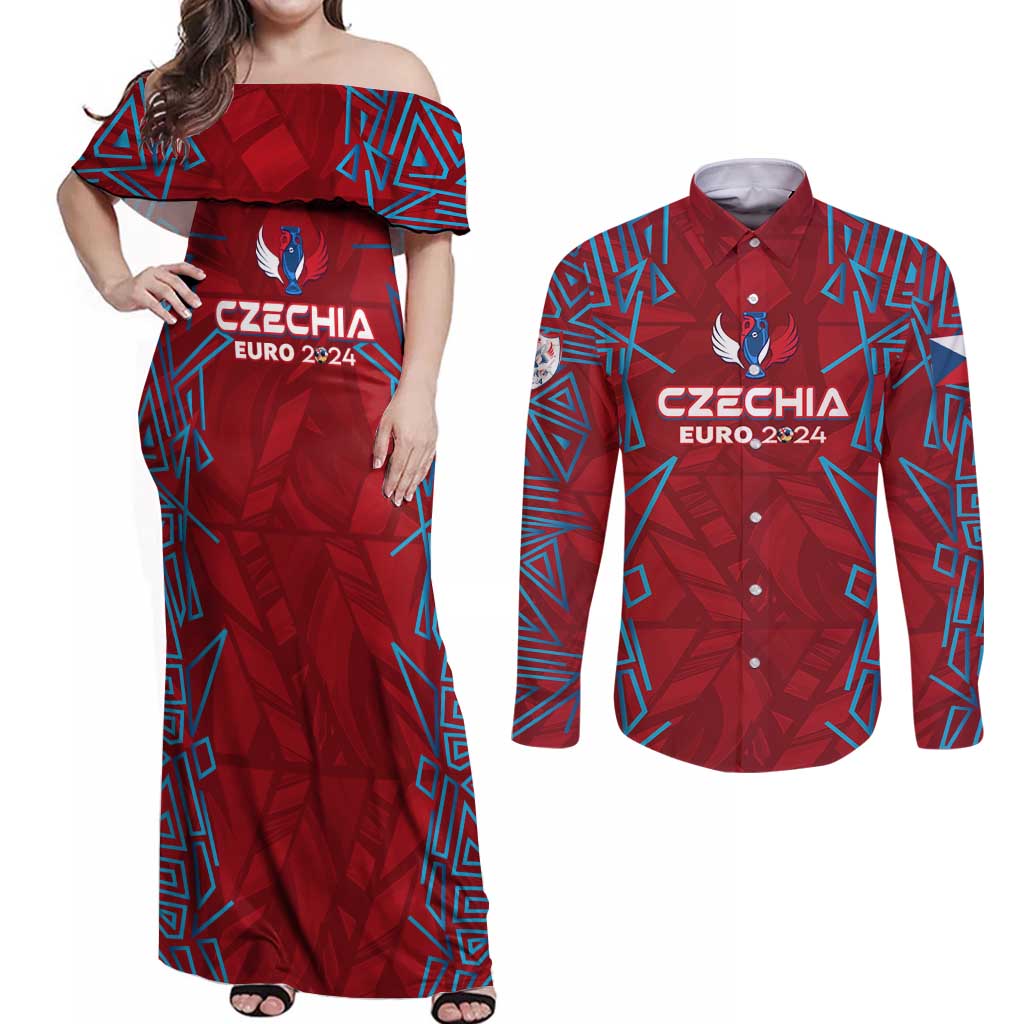 Personalized Czech Republic Football 2024 Couples Matching Off Shoulder Maxi Dress and Long Sleeve Button Shirt Trophy Wing Style - Wonder Print Shop