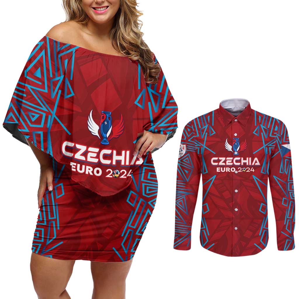 Personalized Czech Republic Football 2024 Couples Matching Off Shoulder Short Dress and Long Sleeve Button Shirt Trophy Wing Style - Wonder Print Shop