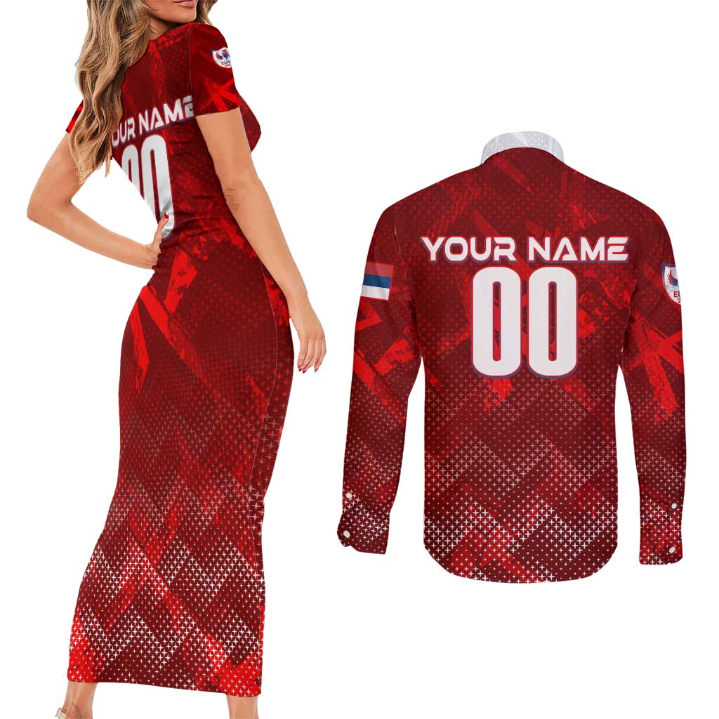 Personalized Serbia Football 2024 Couples Matching Short Sleeve Bodycon Dress and Long Sleeve Button Shirt Trophy Wing Style - Wonder Print Shop