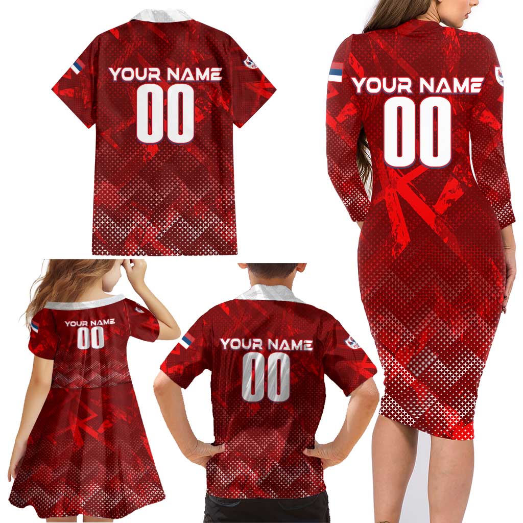 Personalized Serbia Football 2024 Family Matching Long Sleeve Bodycon Dress and Hawaiian Shirt Trophy Wing Style - Wonder Print Shop