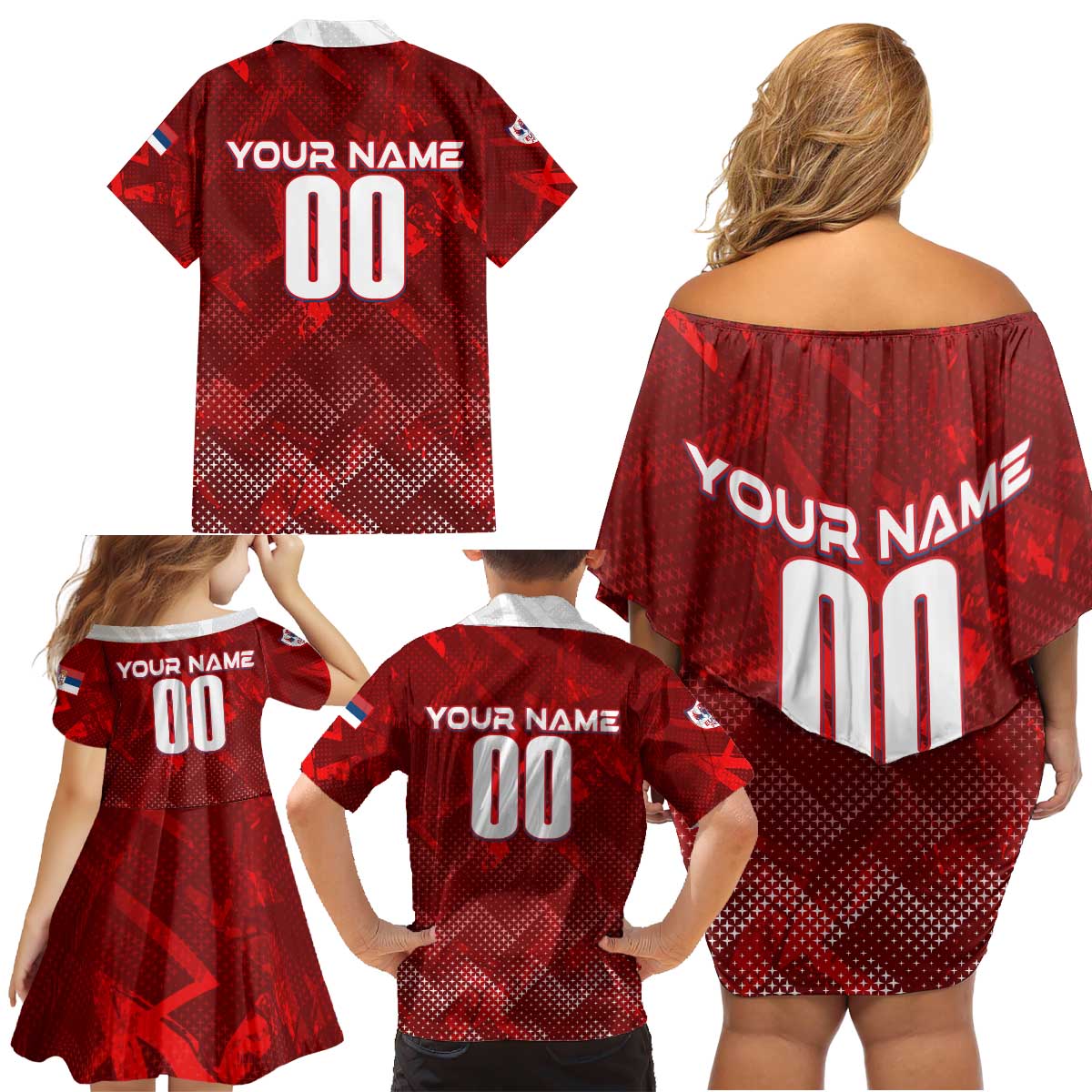 Personalized Serbia Football 2024 Family Matching Off Shoulder Short Dress and Hawaiian Shirt Trophy Wing Style - Wonder Print Shop
