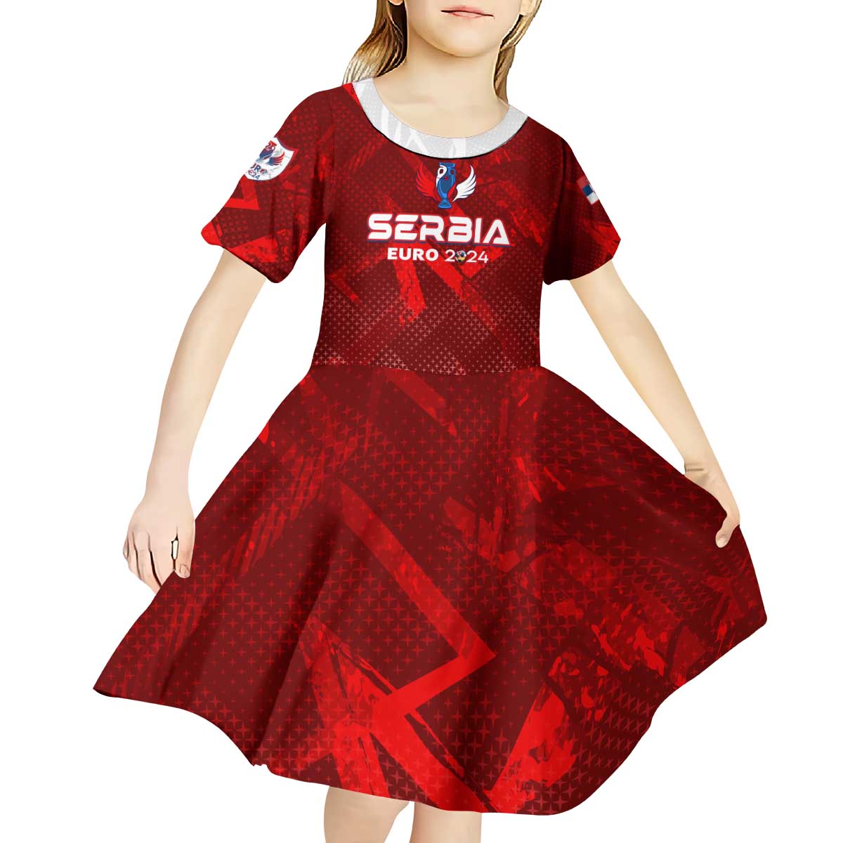 Personalized Serbia Football 2024 Kid Short Sleeve Dress Trophy Wing Style - Wonder Print Shop