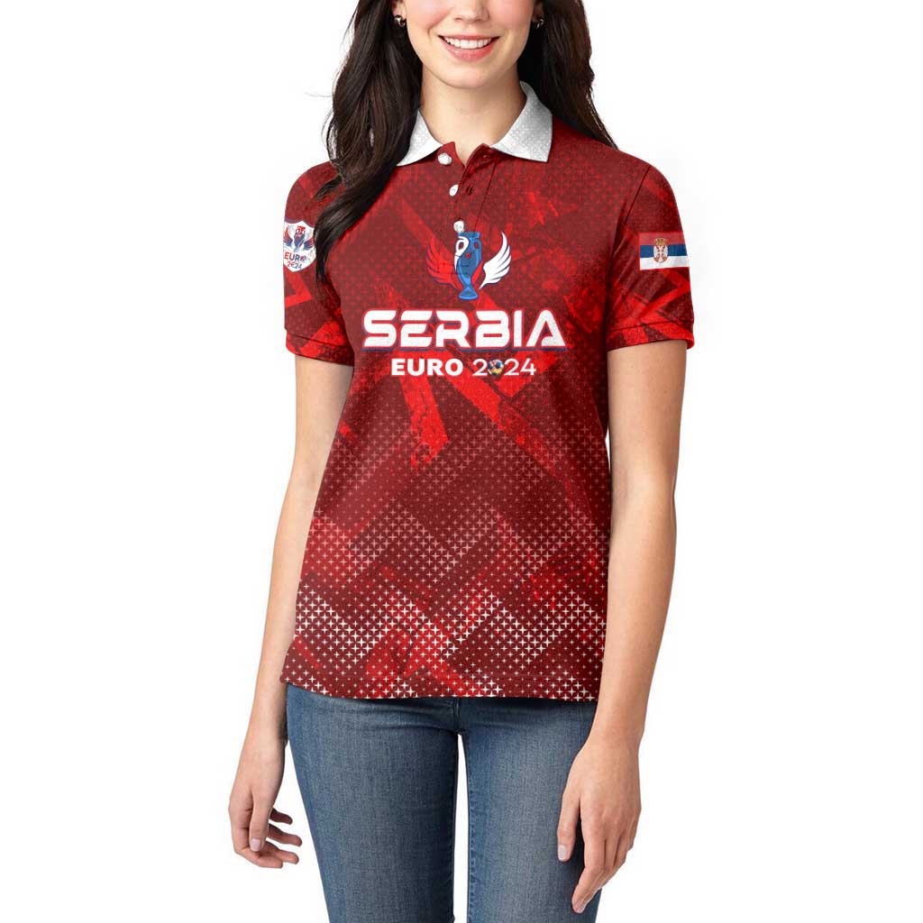 Personalized Serbia Football 2024 Women Polo Shirt Trophy Wing Style - Wonder Print Shop