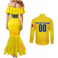 Personalized Romania Football 2024 Couples Matching Mermaid Dress and Long Sleeve Button Shirt Trophy Wing Style