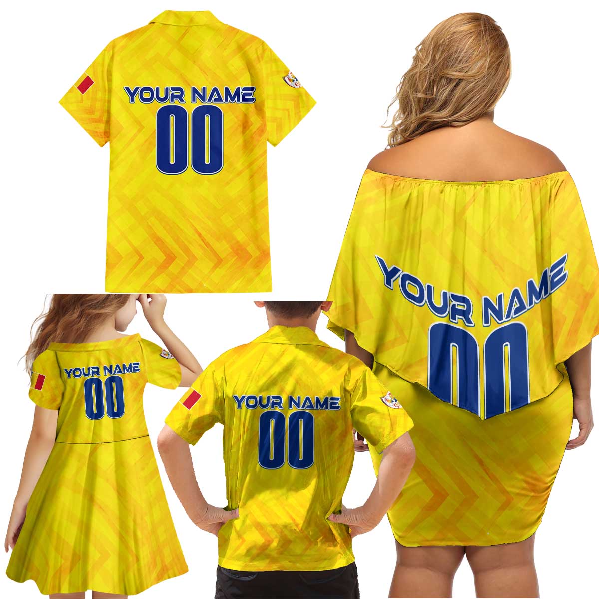 Personalized Romania Football 2024 Family Matching Off Shoulder Short Dress and Hawaiian Shirt Trophy Wing Style - Wonder Print Shop