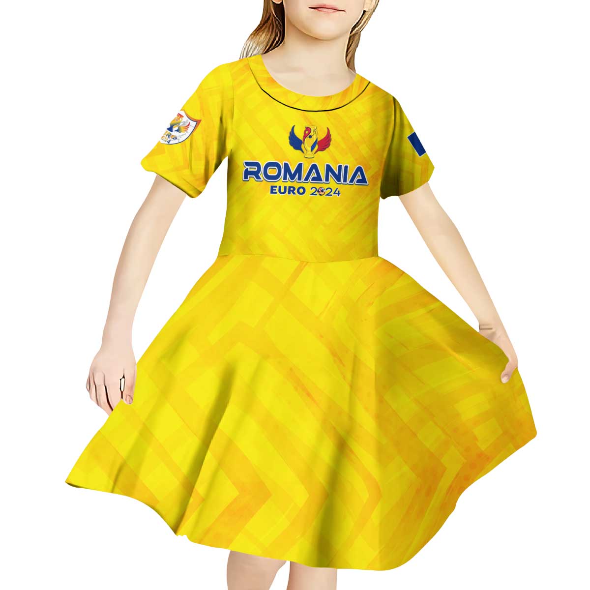 Personalized Romania Football 2024 Kid Short Sleeve Dress Trophy Wing Style - Wonder Print Shop
