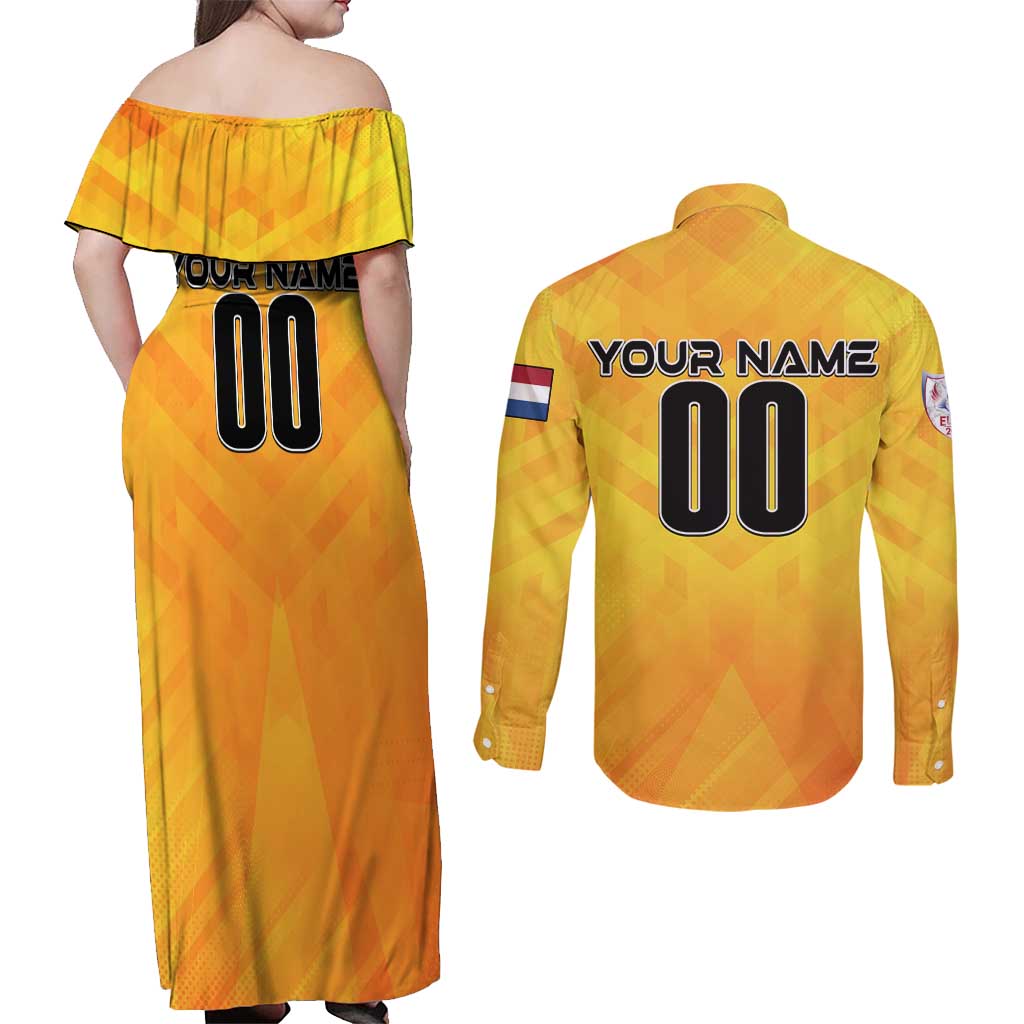 Personalized Netherlands Football 2024 Couples Matching Off Shoulder Maxi Dress and Long Sleeve Button Shirt Trophy Wing Style - Wonder Print Shop