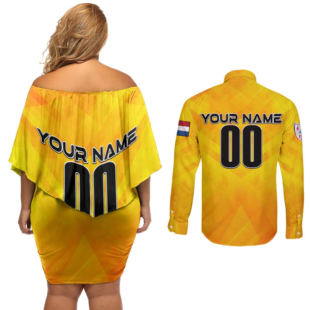 Personalized Netherlands Football 2024 Couples Matching Off Shoulder Short Dress and Long Sleeve Button Shirt Trophy Wing Style - Wonder Print Shop
