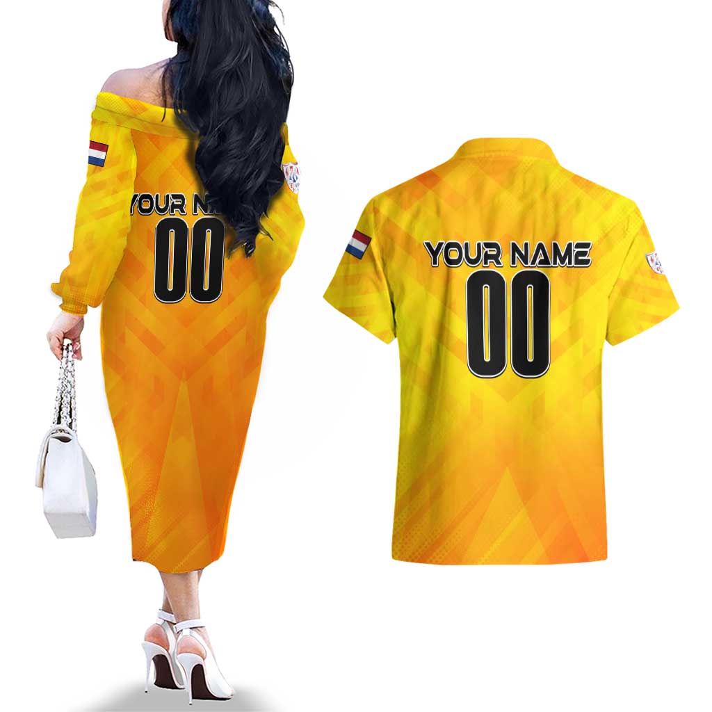 Personalized Netherlands Football 2024 Couples Matching Off The Shoulder Long Sleeve Dress and Hawaiian Shirt Trophy Wing Style - Wonder Print Shop