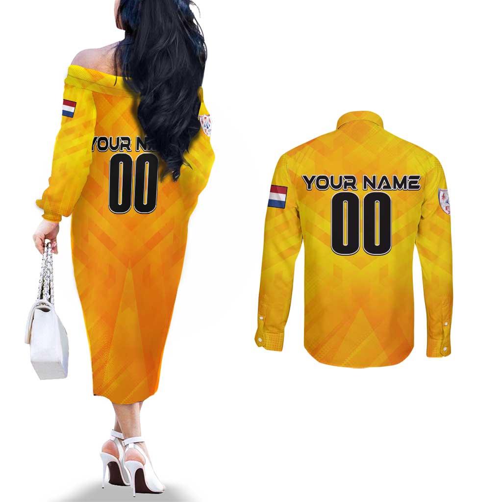Personalized Netherlands Football 2024 Couples Matching Off The Shoulder Long Sleeve Dress and Long Sleeve Button Shirt Trophy Wing Style