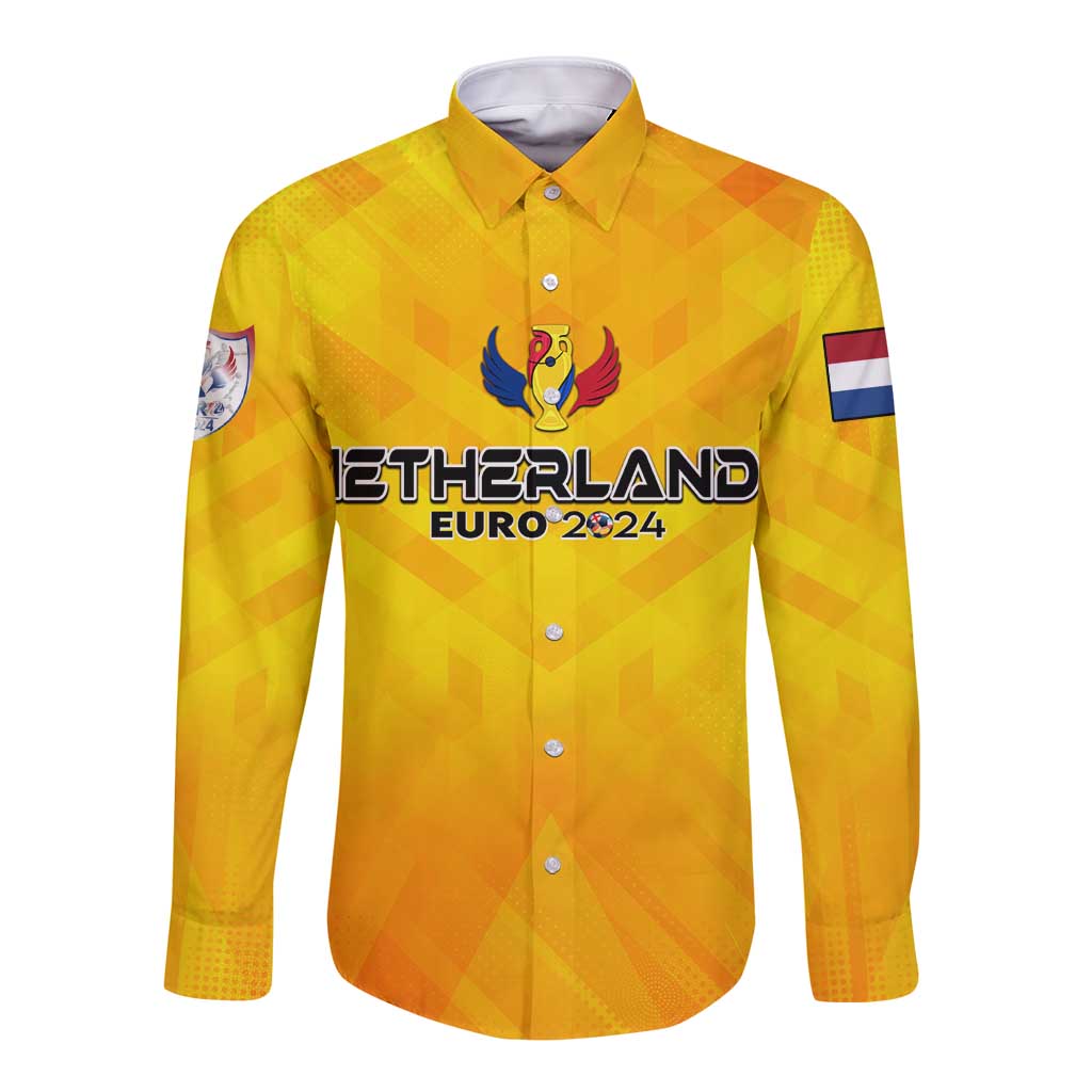 Personalized Netherlands Football 2024 Long Sleeve Button Shirt Trophy Wing Style - Wonder Print Shop