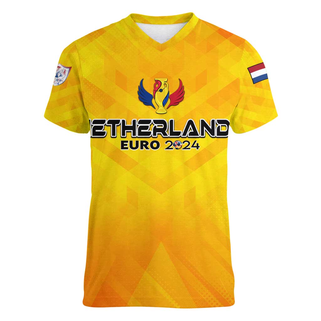 Personalized Netherlands Football 2024 Women V-Neck T-Shirt Trophy Wing Style - Wonder Print Shop