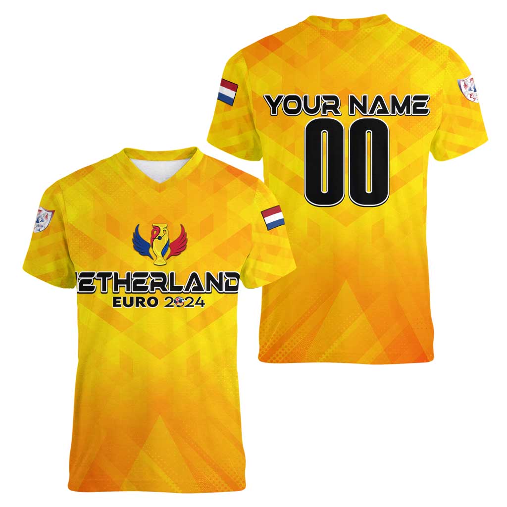 Personalized Netherlands Football 2024 Women V-Neck T-Shirt Trophy Wing Style - Wonder Print Shop