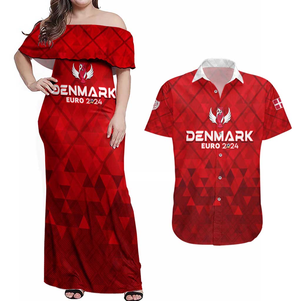 Personalized Denmark Football 2024 Couples Matching Off Shoulder Maxi Dress and Hawaiian Shirt Trophy Wing Style - Wonder Print Shop