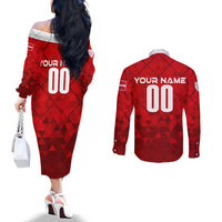 Personalized Denmark Football 2024 Couples Matching Off The Shoulder Long Sleeve Dress and Long Sleeve Button Shirt Trophy Wing Style