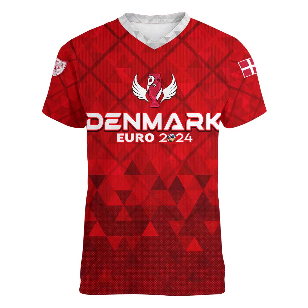 Personalized Denmark Football 2024 Women V-Neck T-Shirt Trophy Wing Style - Wonder Print Shop