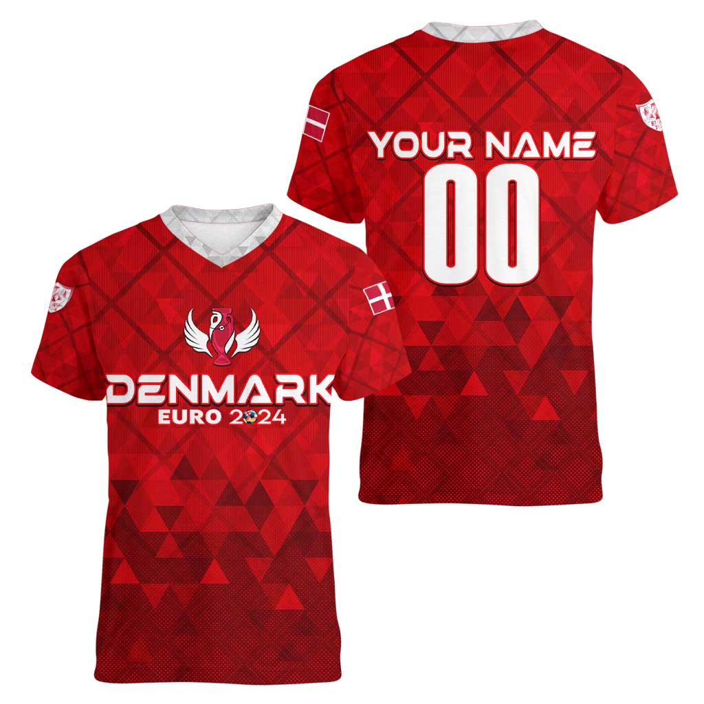 Personalized Denmark Football 2024 Women V-Neck T-Shirt Trophy Wing Style - Wonder Print Shop
