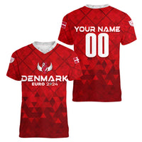 Personalized Denmark Football 2024 Women V-Neck T-Shirt Trophy Wing Style - Wonder Print Shop