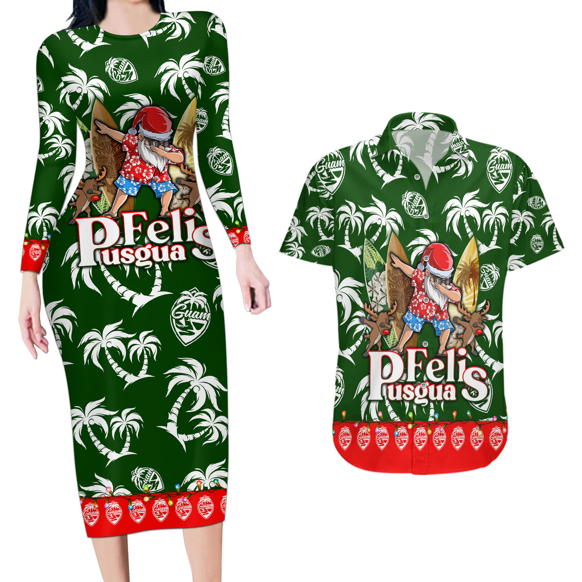 Guam Christmas Couples Matching Long Sleeve Bodycon Dress and Hawaiian Shirt Felis Pusgua Tropical Xmas Patterns - Wonder Print Shop