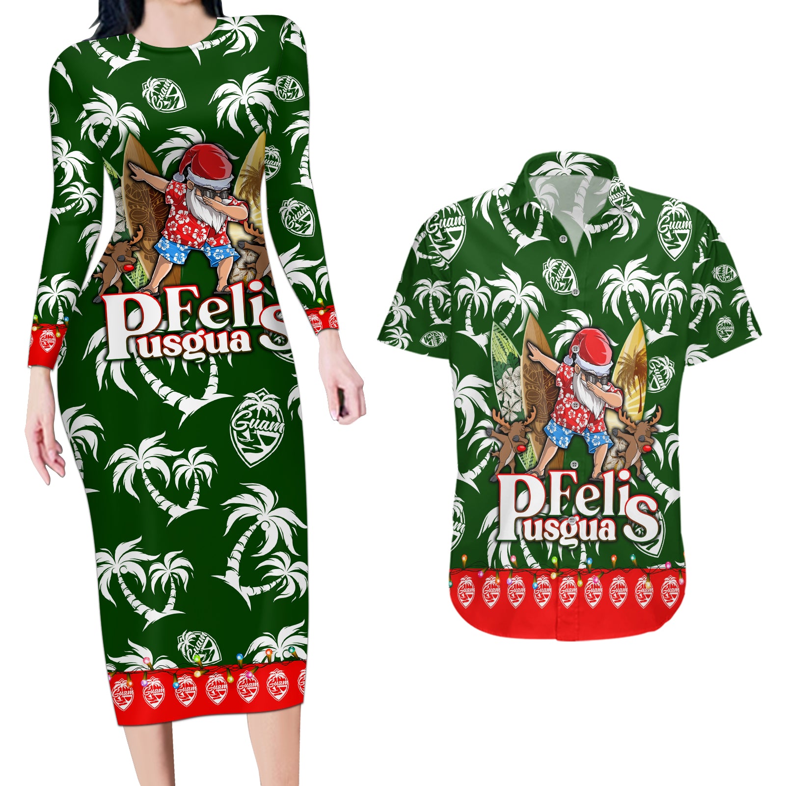 Guam Christmas Couples Matching Long Sleeve Bodycon Dress and Hawaiian Shirt Felis Pusgua Tropical Xmas Patterns - Wonder Print Shop
