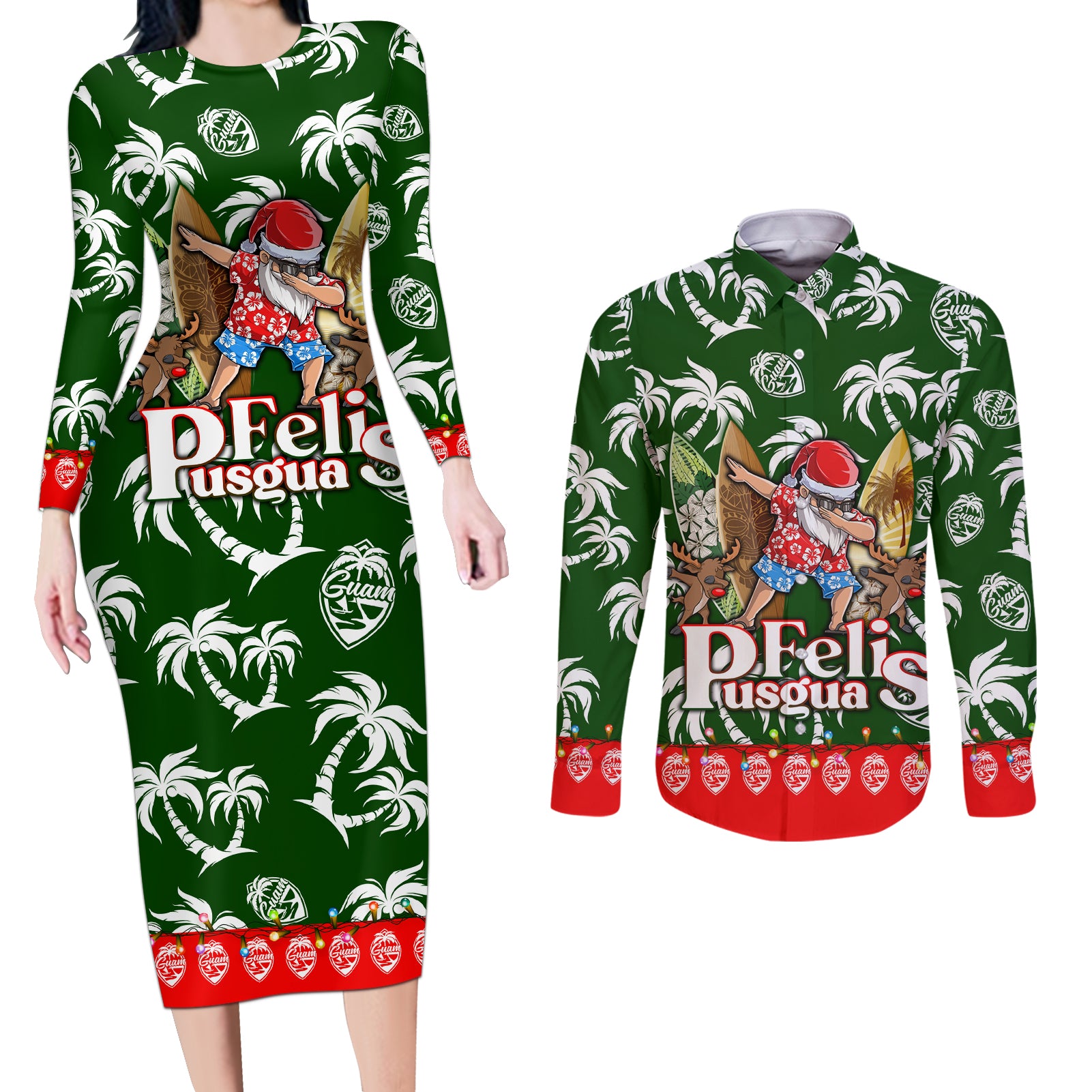 Guam Christmas Couples Matching Long Sleeve Bodycon Dress and Long Sleeve Button Shirts Felis Pusgua Tropical Xmas Patterns - Wonder Print Shop