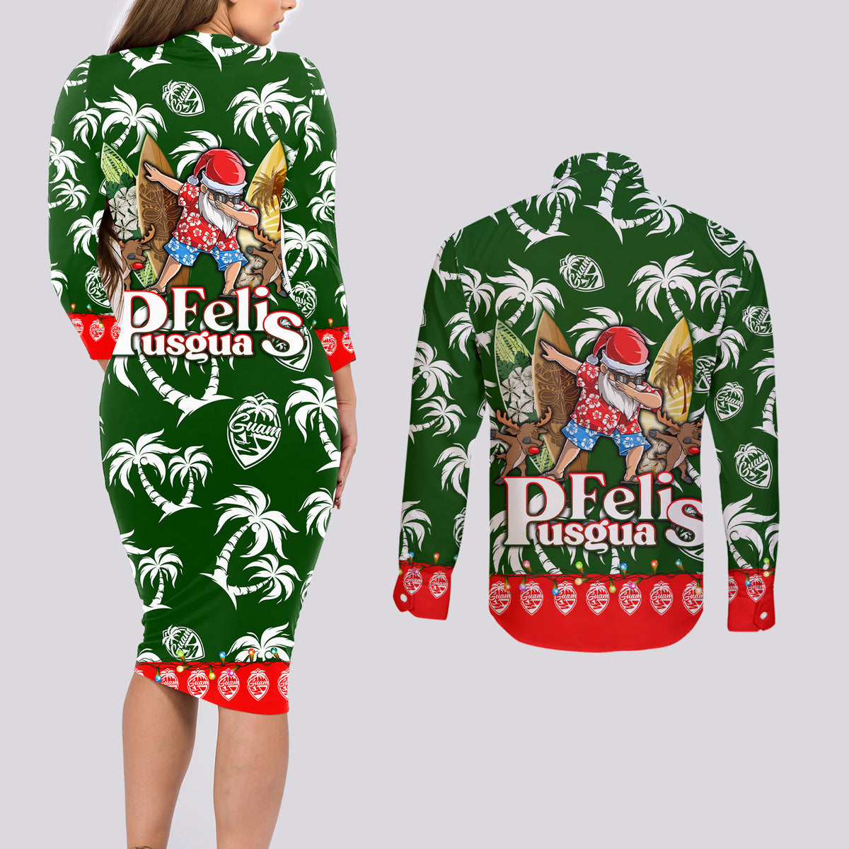 Guam Christmas Couples Matching Long Sleeve Bodycon Dress and Long Sleeve Button Shirts Felis Pusgua Tropical Xmas Patterns - Wonder Print Shop