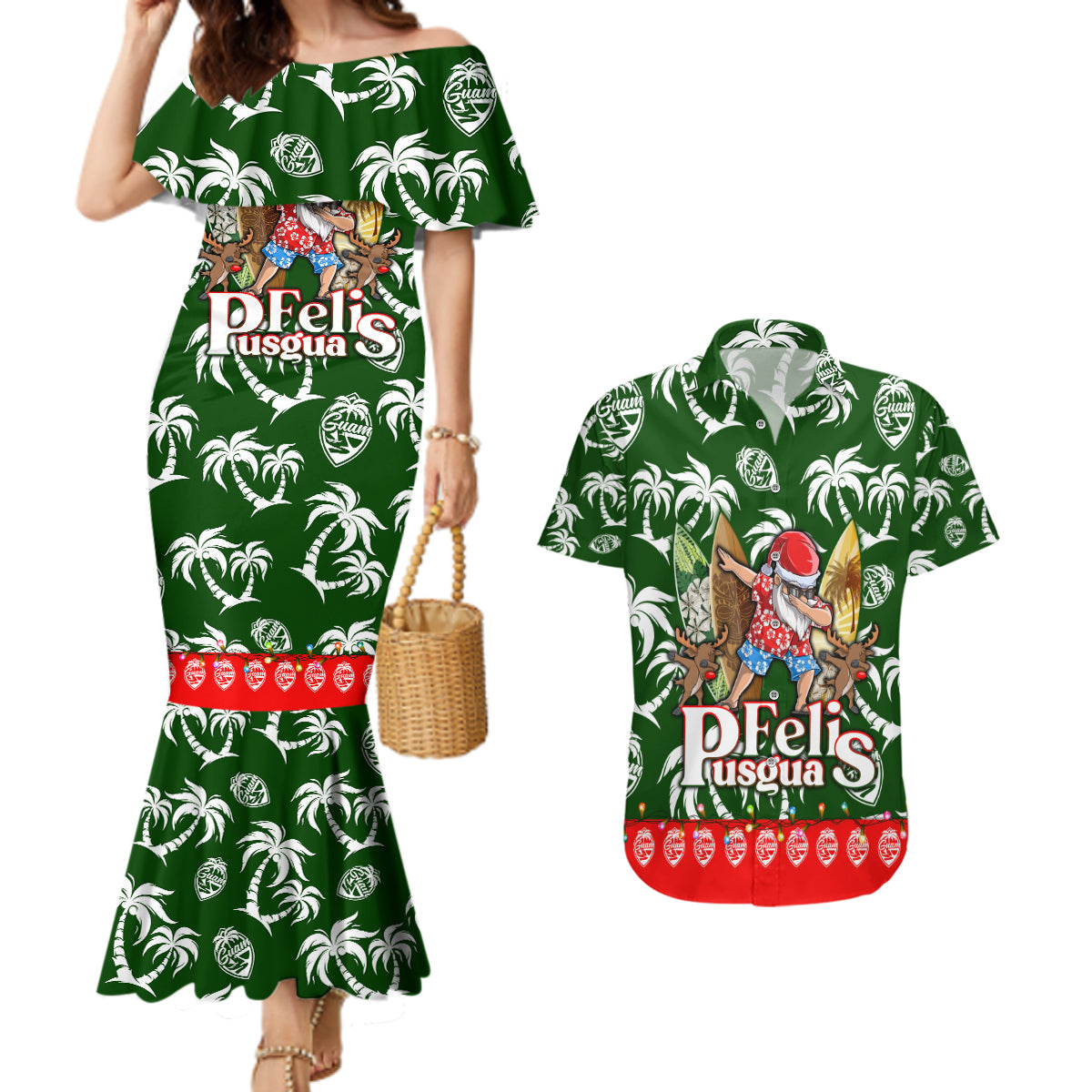 Guam Christmas Couples Matching Mermaid Dress and Hawaiian Shirt Felis Pusgua Tropical Xmas Patterns - Wonder Print Shop