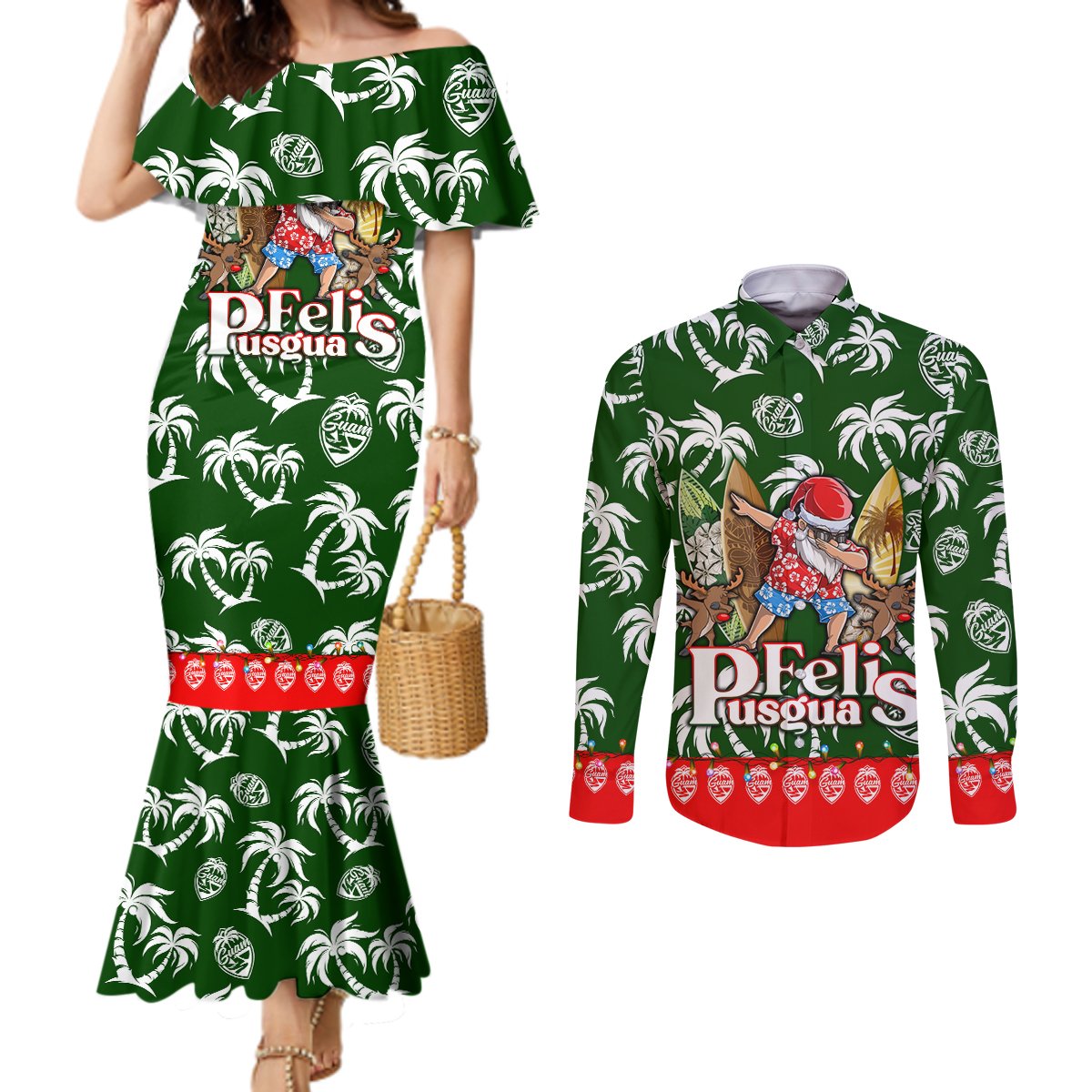 guam-christmas-couples-matching-mermaid-dress-and-long-sleeve-button-shirts-felis-pusgua-tropical-xmas-patterns