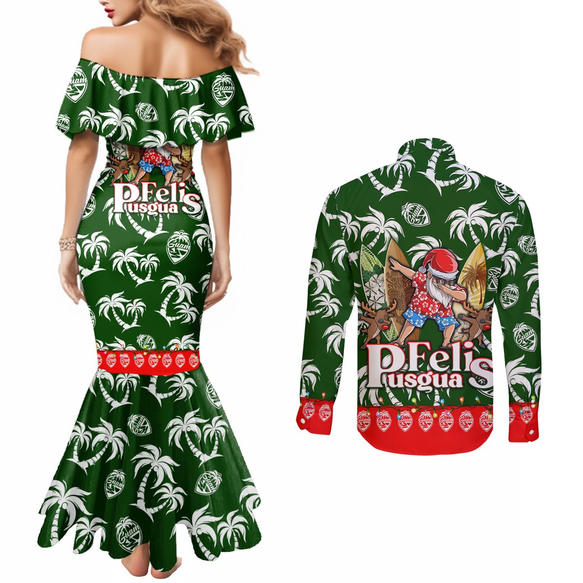 guam-christmas-couples-matching-mermaid-dress-and-long-sleeve-button-shirts-felis-pusgua-tropical-xmas-patterns