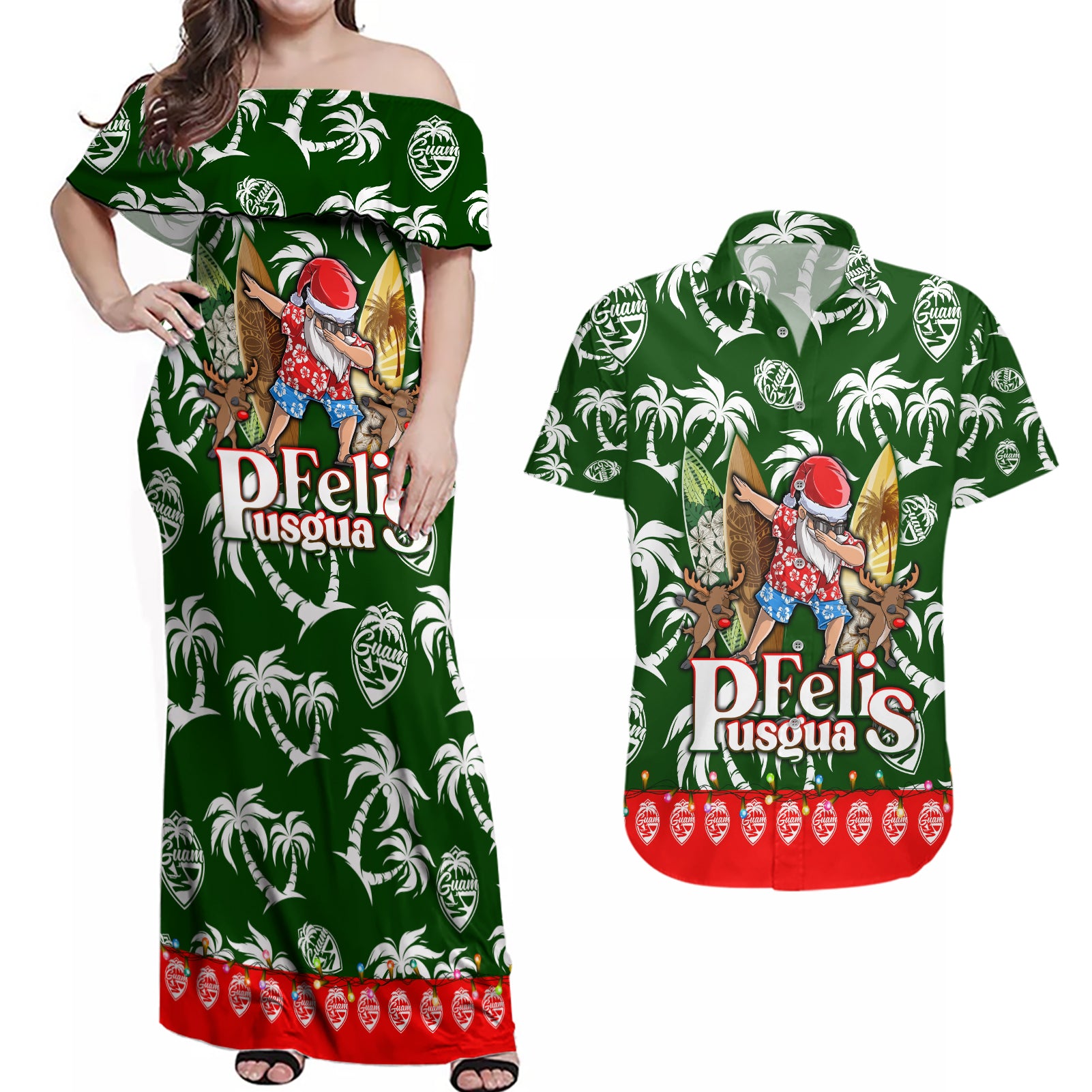 Guam Christmas Couples Matching Off Shoulder Maxi Dress and Hawaiian Shirt Felis Pusgua Tropical Xmas Patterns - Wonder Print Shop