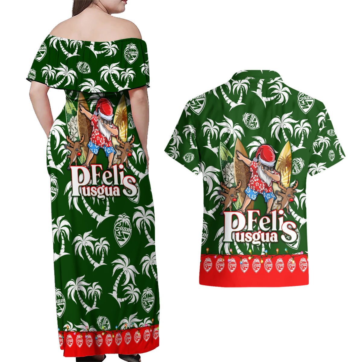 Guam Christmas Couples Matching Off Shoulder Maxi Dress and Hawaiian Shirt Felis Pusgua Tropical Xmas Patterns - Wonder Print Shop