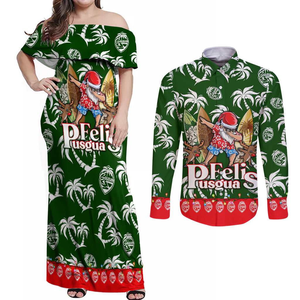 Guam Christmas Couples Matching Off Shoulder Maxi Dress and Long Sleeve Button Shirts Felis Pusgua Tropical Xmas Patterns - Wonder Print Shop
