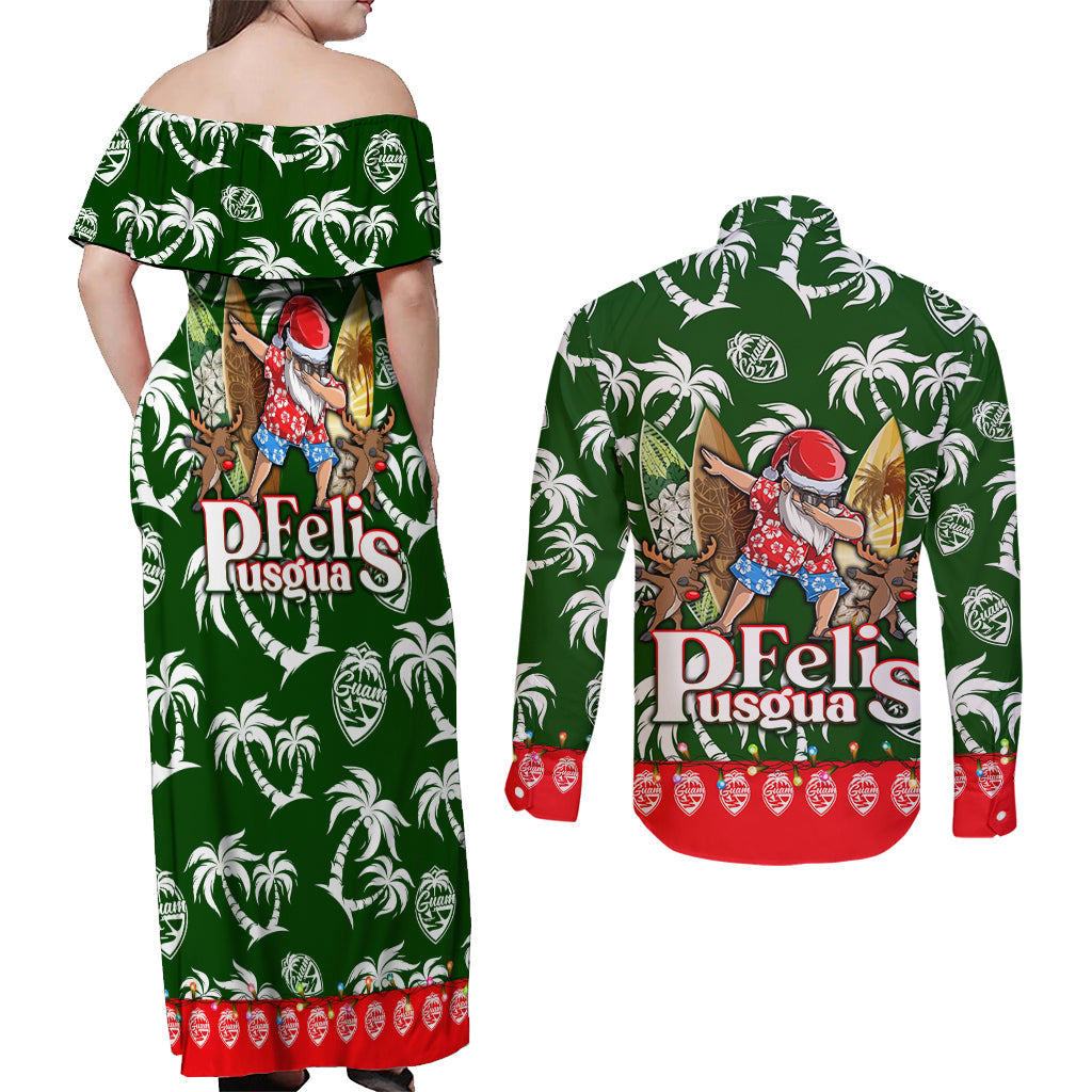Guam Christmas Couples Matching Off Shoulder Maxi Dress and Long Sleeve Button Shirts Felis Pusgua Tropical Xmas Patterns - Wonder Print Shop