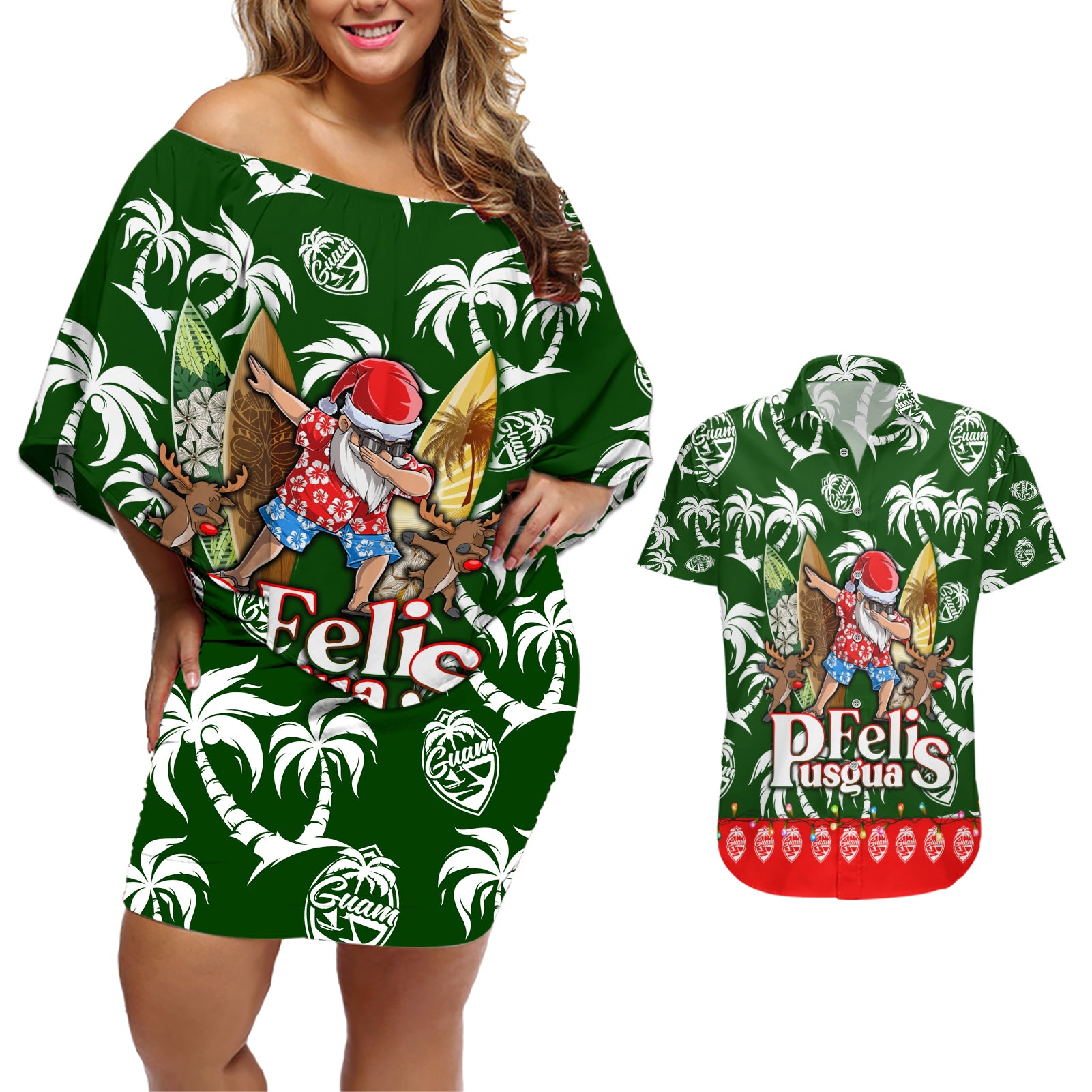 Guam Christmas Couples Matching Off Shoulder Short Dress and Hawaiian Shirt Felis Pusgua Tropical Xmas Patterns - Wonder Print Shop