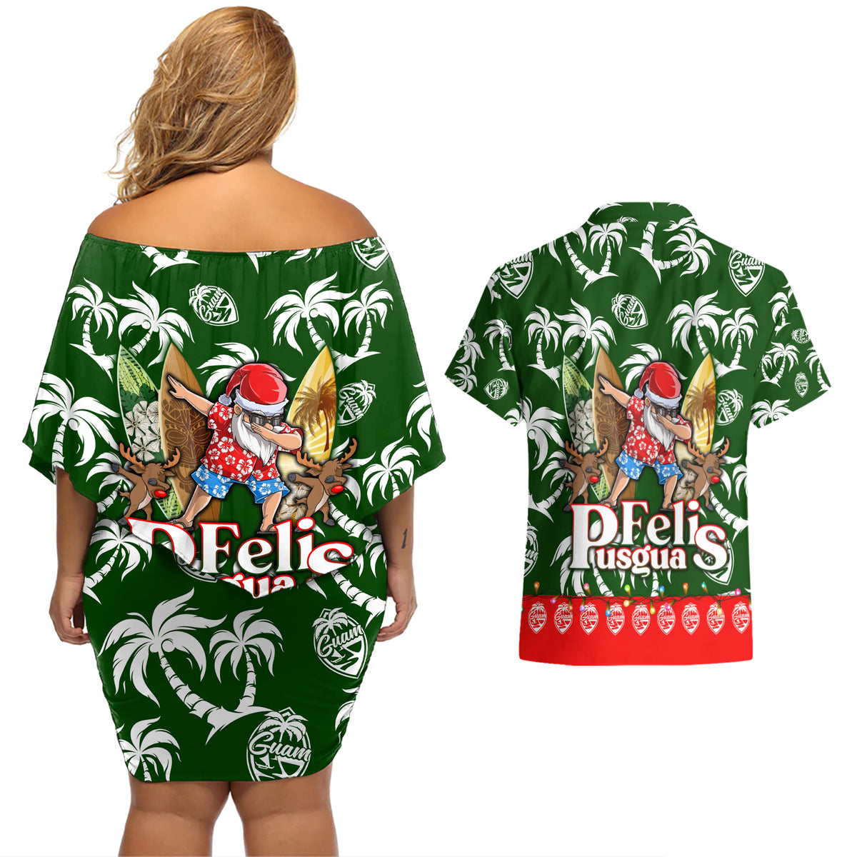 Guam Christmas Couples Matching Off Shoulder Short Dress and Hawaiian Shirt Felis Pusgua Tropical Xmas Patterns - Wonder Print Shop