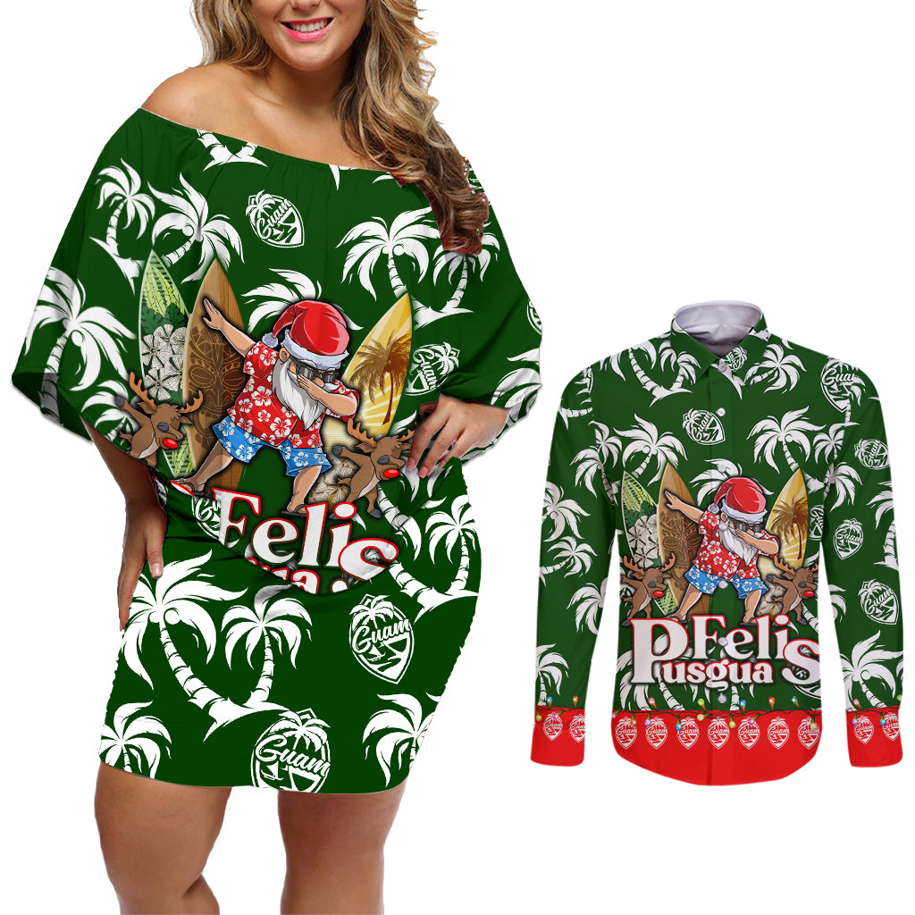 Guam Christmas Couples Matching Off Shoulder Short Dress and Long Sleeve Button Shirts Felis Pusgua Tropical Xmas Patterns - Wonder Print Shop