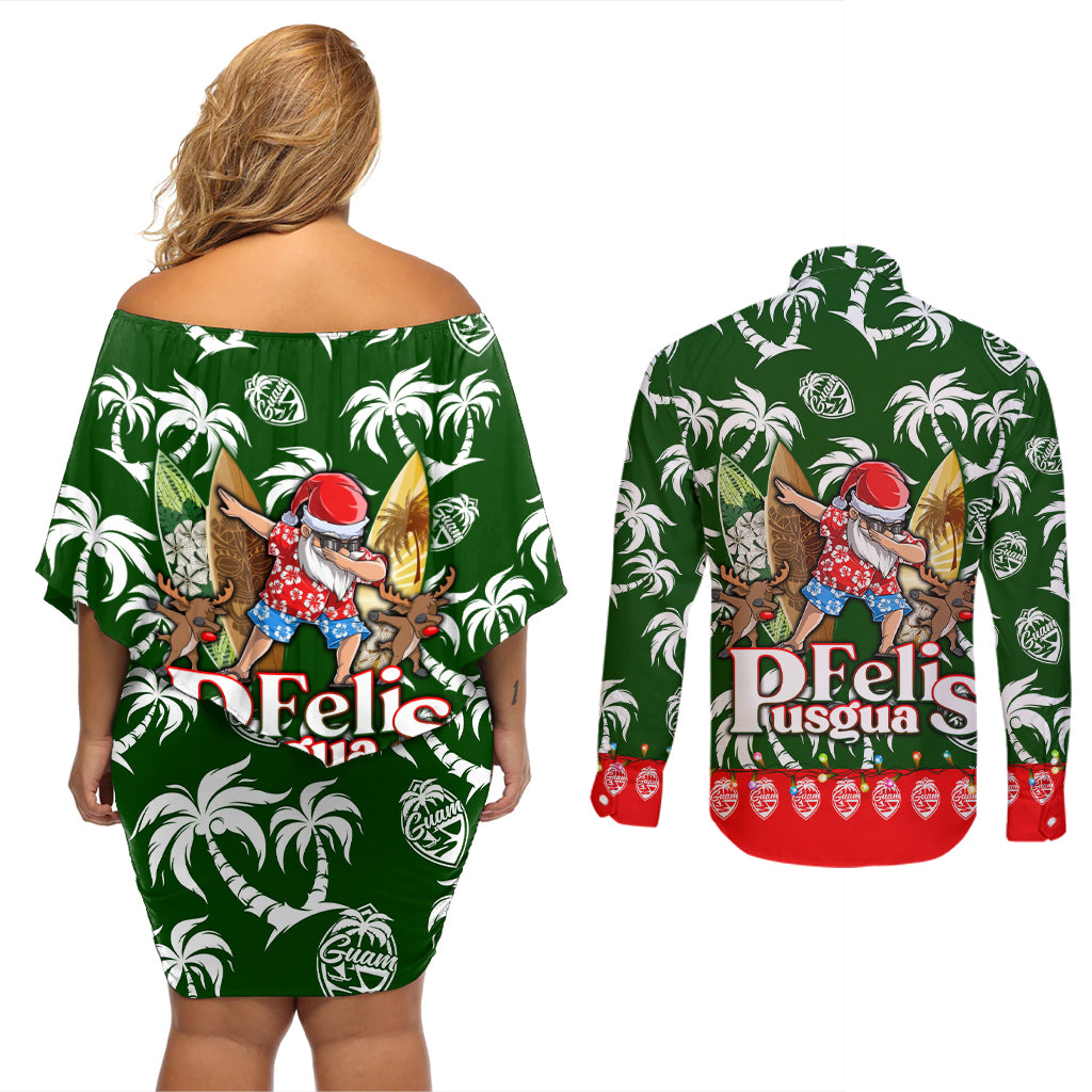 Guam Christmas Couples Matching Off Shoulder Short Dress and Long Sleeve Button Shirts Felis Pusgua Tropical Xmas Patterns - Wonder Print Shop
