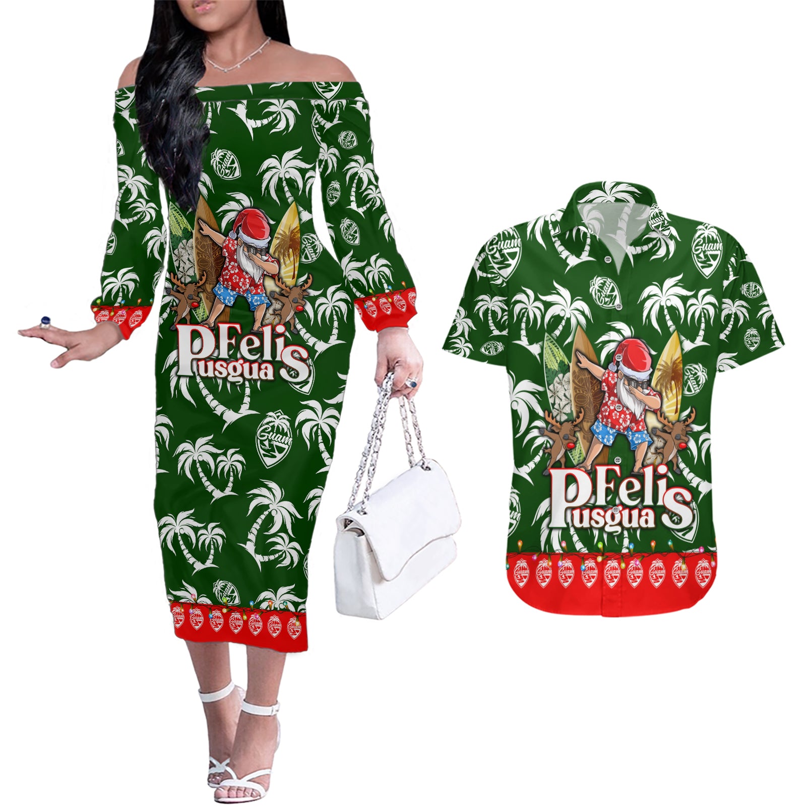 Guam Christmas Couples Matching Off The Shoulder Long Sleeve Dress and Hawaiian Shirt Felis Pusgua Tropical Xmas Patterns - Wonder Print Shop