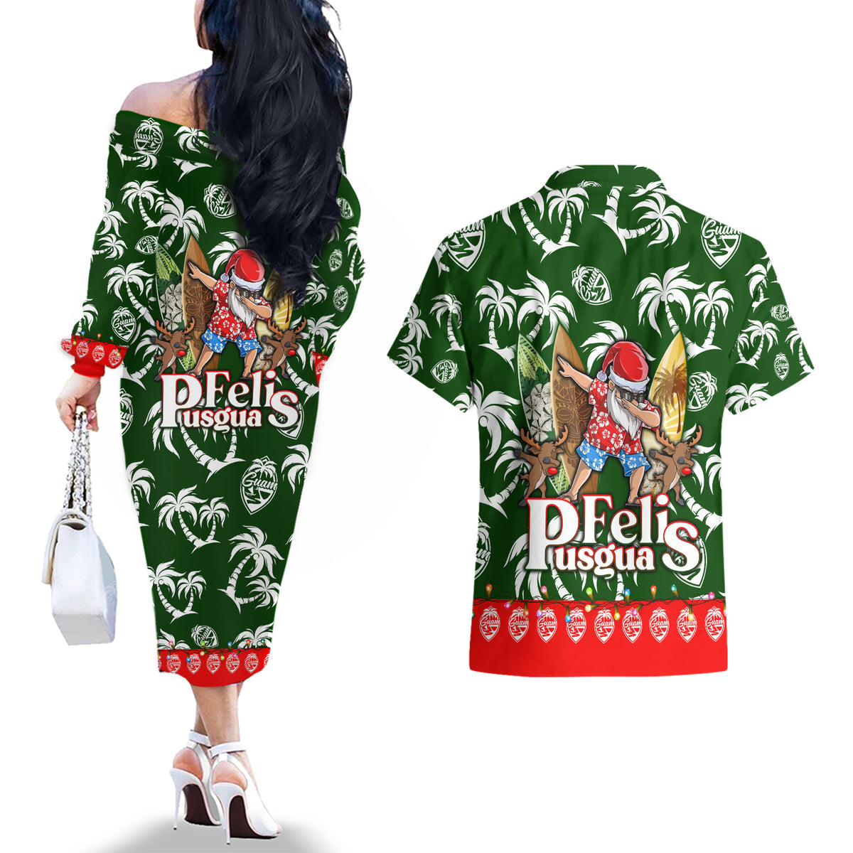 Guam Christmas Couples Matching Off The Shoulder Long Sleeve Dress and Hawaiian Shirt Felis Pusgua Tropical Xmas Patterns - Wonder Print Shop