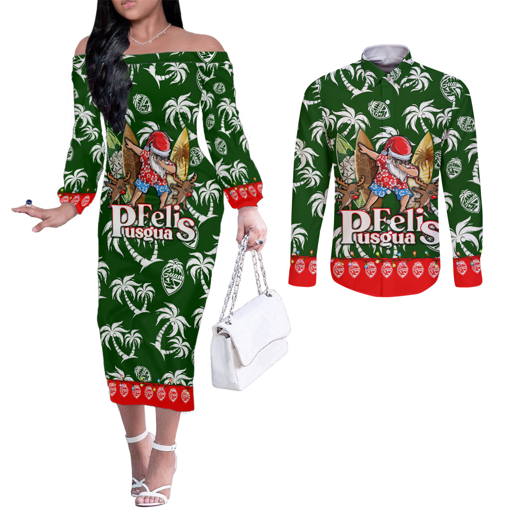 guam-christmas-couples-matching-off-the-shoulder-long-sleeve-dress-and-long-sleeve-button-shirts-felis-pusgua-tropical-xmas-patterns