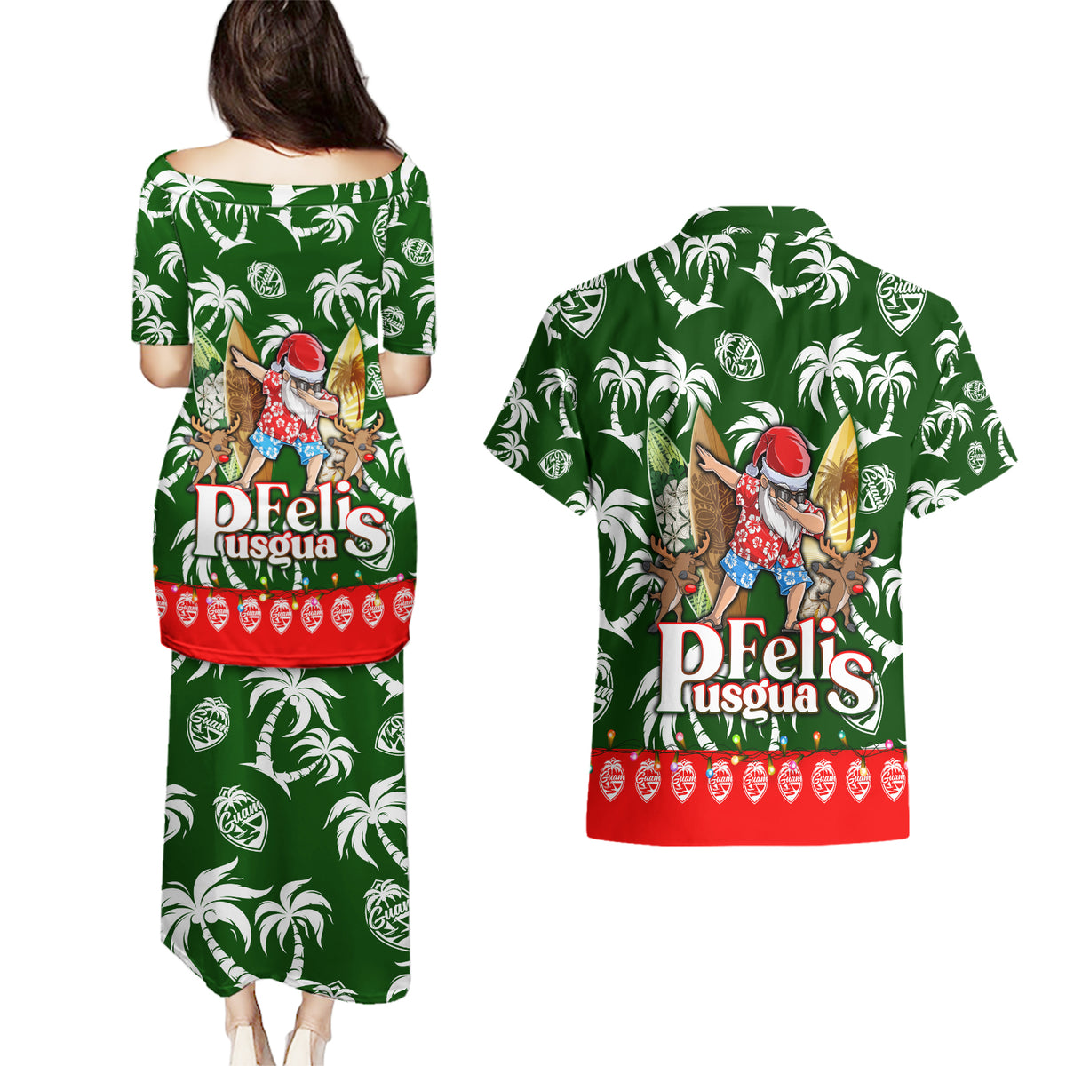 Guam Christmas Couples Matching Puletasi Dress and Hawaiian Shirt Felis Pusgua Tropical Xmas Patterns - Wonder Print Shop