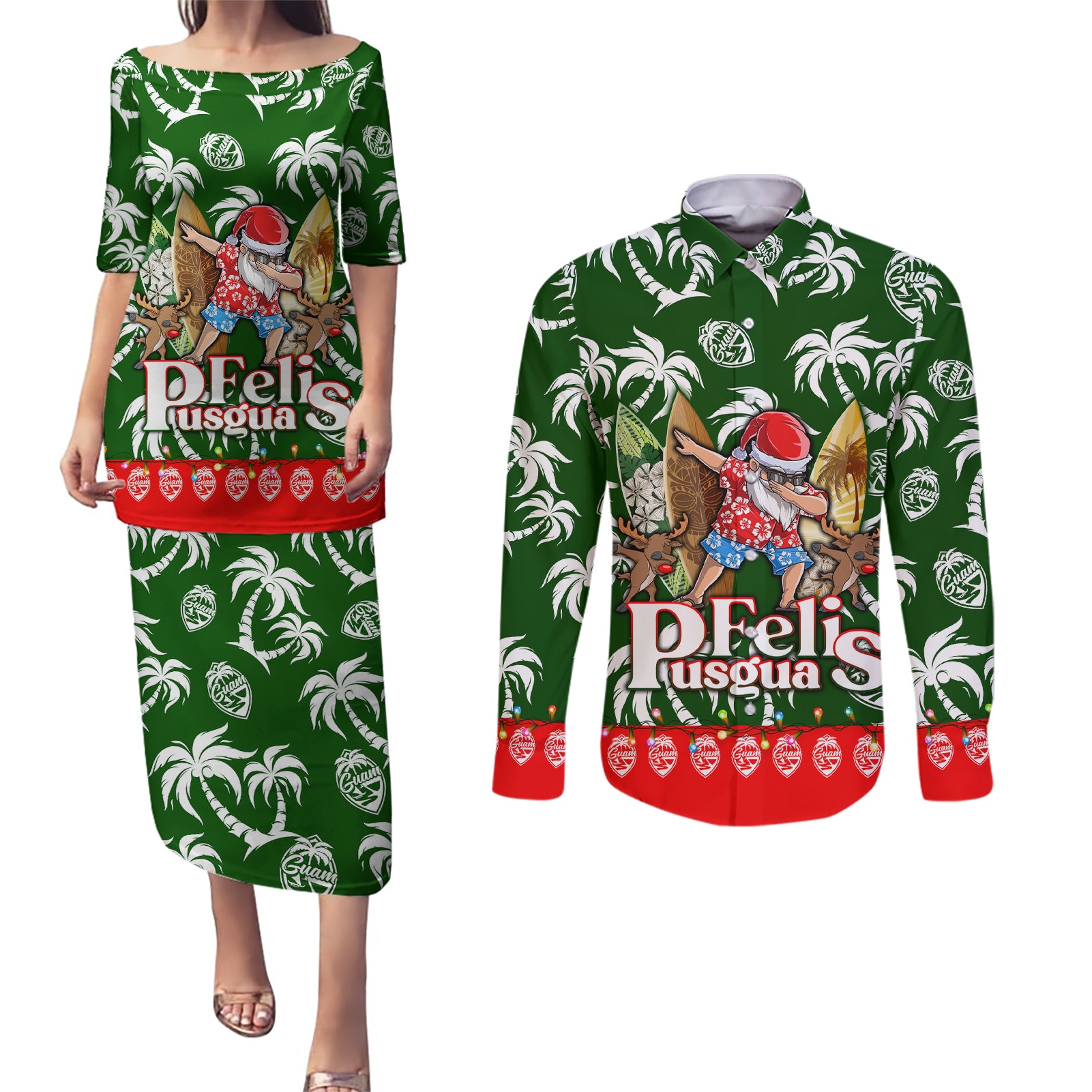 Guam Christmas Couples Matching Puletasi Dress and Long Sleeve Button Shirts Felis Pusgua Tropical Xmas Patterns - Wonder Print Shop